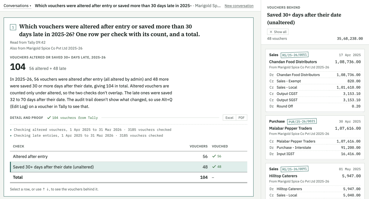 An audit-trail answer: 56 vouchers altered after entry and 48 saved 30 or more days late, 104 in total, with the late vouchers open beside the table and Excel and PDF buttons